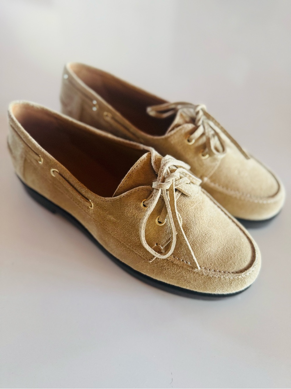Sezane Beige Suede Moccasin Loafers with Lace Tie